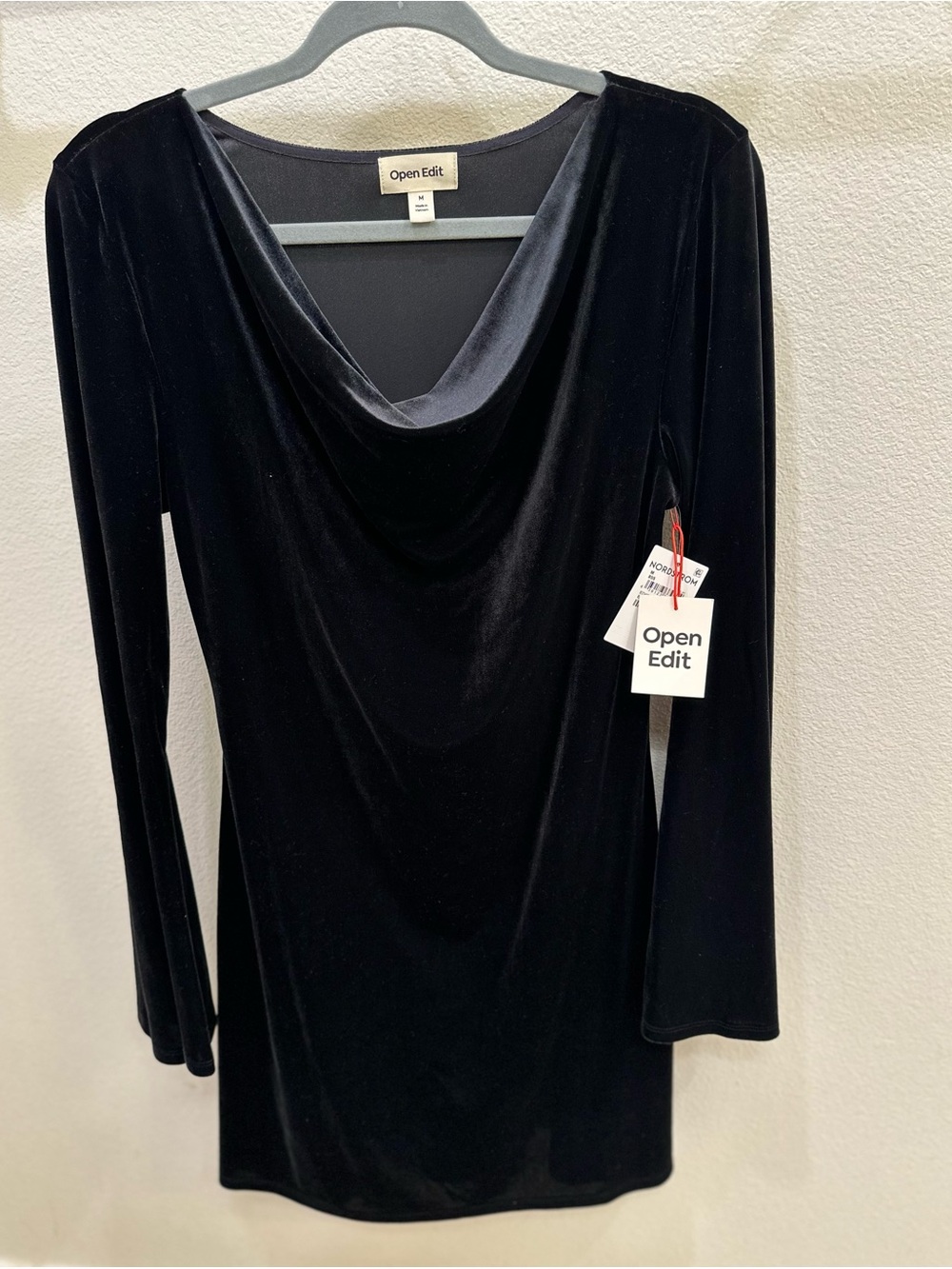 Open Edit Black Velvet Drape Neck Women's Dress